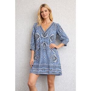 Hale Bob Dress M Blue Paisley Sheath Coastal Chic Resort Core Feminine Summer